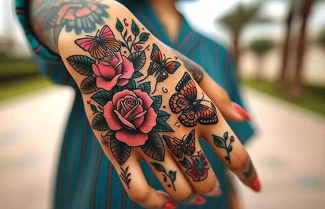 75 Rose Hand Tattoo Designs That Will Amaze You Hand Tattoo Images, Traditional Hand Tattoo, Purple Rose Tattoos, Hand Tattoo Designs, Tattoos Hand, Butterfly Hand Tattoo, Tattoo Cute, Rose Hand Tattoo, Cute Hand Tattoos