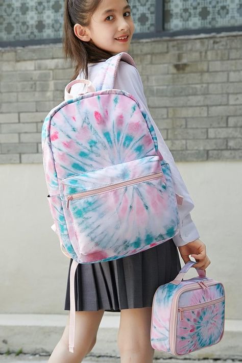 This backpack set is made of high-quality and water-resistant polyester material, and it’s very easy to clean dirt up, and very durable for daily use. It’s sturdy and vibrant. Soft material, light weight and the lunch bag too. #girls #backpack_with_lunch_bag Tie Dye Backpack, Girls Backpack, Backpack Set, Girl Online, Top Collection, Girl Top, Lunch Bag, Soft Material, Polyester Material