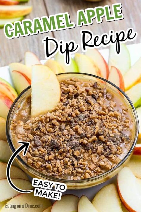 Caramel apple dip recipe is smooth and creamy with a decadent topping. Serve with apple slices, graham crackers or pretzels for the best snack. Learn how to make the best caramel dip with heath bars, cream cheese and more for an easy treat. This homemade dip with brown sugar and toffee is creamy and very simple to make. #eatingonadime #caramelappledip #caramelappledipcreamcheese #caramelappledipeasy #CreamCheeseBrownSugar #CreamCheeseToffeeBits #sauce #DIY Heath Bar Recipes, Toffee Apple Dip, Cream Cheese Apple Dip, Caramel Apple Dip Recipe, Toffee Dip, Apple Dip Recipe, Best Dip Recipes, Caramel Apples Easy, Caramel Apple Dip