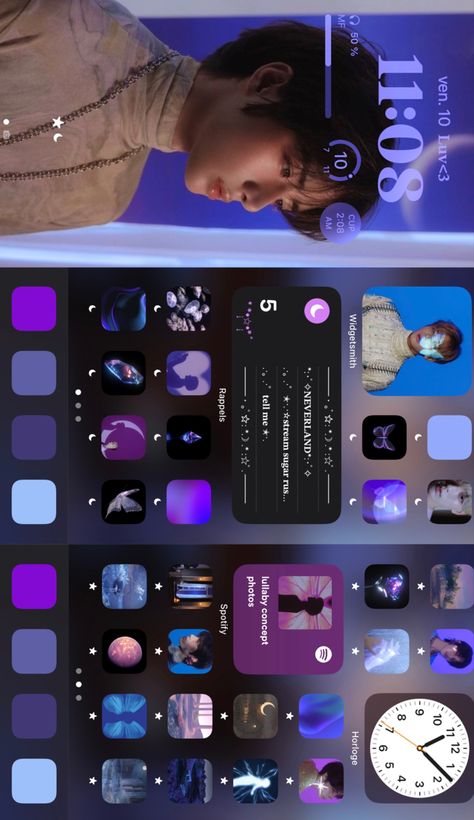 Txt Lullaby Aesthetic, Txt Homescreen Ideas, Txt Themed Phone, Txt Ios 16, Txt Ios Layout, Txt Iphone Layout, Txt Phone Theme, Purple Ios Layout, Purple Phone Layout