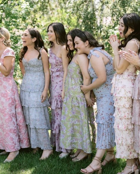 Garden Dress Wedding Guest, Floral Bridesmaids Dresses Mismatched, France Moodboard, Floral Bridesmaid Dresses Mismatched, Floral Bridal Party, Pink And Orange Wedding, Attire Guide, Santa Ynez Wedding, Floral Bridesmaid Dresses