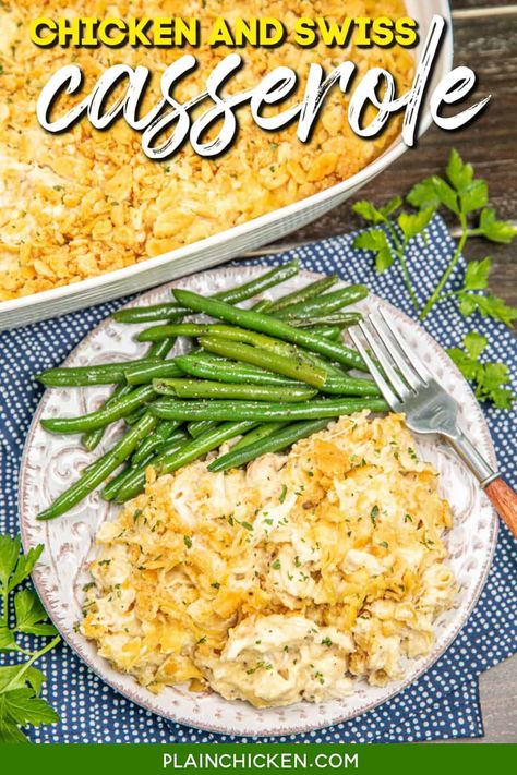 Chicken and Swiss Casserole Recipe - Creamy, cheesy, and oh-so-comforting, this casserole is a family favorite! Made with tender chicken, egg noodles, and a crunchy Ritz cracker topping, it’s an easy weeknight dinner that’s sure to satisfy. Perfect for cozy nights in! Chicken And Swiss Casserole, Winter Comfort Food Recipes, Ritz Cracker Topping, Vegetable Slow Cooker, Slow Cooker Casserole, White Chicken Enchiladas, Chicken Noodle Casserole, French Onion Chicken, Plain Chicken