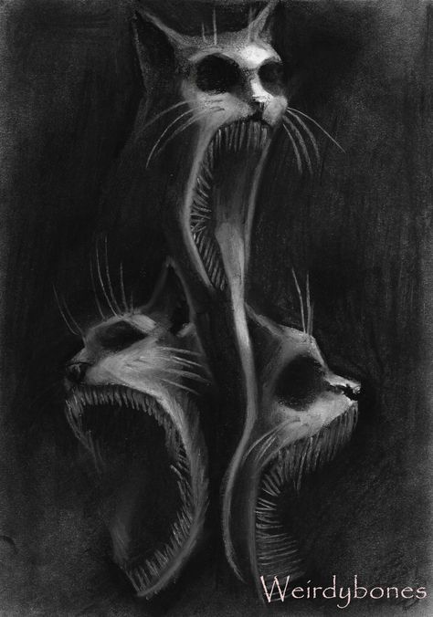 Creepy Cat Art, Dark Horror Art, A Cat Drawing, Cat Creepy, Black Cat Drawing, Creepy Animals, Dark Horror, Scary Drawings, Horror Drawing