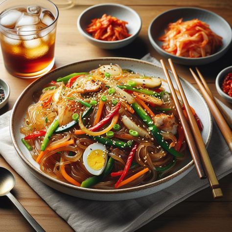 Japchae: Glass Noodles Elegance Food Motivation, Glass Noodles, Food Illustration Art, Colorful Vegetables, Healthy Food Motivation, Food Illustration, Breakfast Foods, Food Illustrations, Korean Food