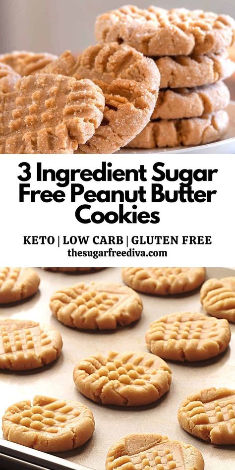 Sugar Free Peanut Butter Cookies, Sugar Free Cookie, Sugar Free Cookie Recipes, 3 Ingredient Peanut Butter Cookies, Dolce Poche Calorie, Sugar Free Desserts Easy, Keto Peanut Butter Cookies, Sugar Free Peanut Butter, Keto Peanut Butter