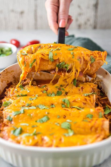 Chicken Enchiladas Recipe | YellowBlissRoad.com Red Chicken Enchiladas, Make Shredded Chicken, Cheesy Chicken Enchiladas, Corn Chicken, Chicken Enchiladas Easy, Pre Cooked Chicken, Chicken Enchilada Casserole, Red Enchilada Sauce, Chicken Enchilada Recipe