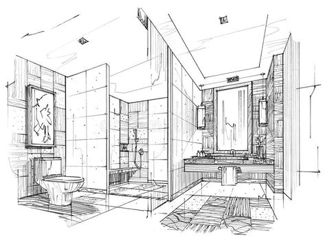 Toilet Sketch, Bathroom Sketch, Bathroom Black And White, Interior Ikea, Interior Design Sketchbook, Perspective Sketch, Bathroom Black, Interior Design Sketch, Interior Design Software