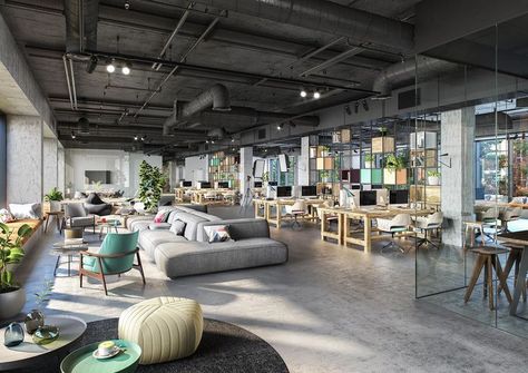 Startup Office Design, Industrial Office Space, Open Concept Office, Open Office Design, Coworking Space Design, Startup Office, Warehouse Office, Creative Office Space, Industrial Office Design