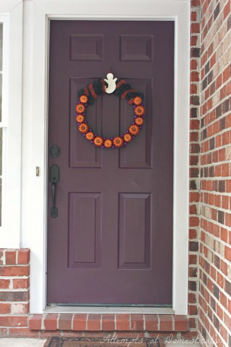 Plum Front Door | Modern Masters Front Door Paint in color Playful | Project by Attempts at Domestication Purple Front Door Red Brick, Plum Front Door Colors, Mauve Front Door, Plum Front Door, Modern Masters Front Door Paint, Red Brick Paint, Purple Front Door, Brick Paint Colors, Front Door Modern