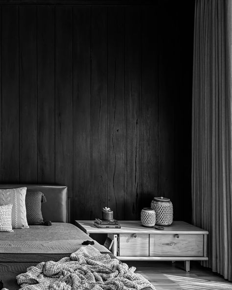 “Black & white” The son’s bedroom is rather modern - weighted by burnt oak wood. The aggressiveness of the room is highlighted by a crimson bed back that contrasts with the black wall. The other pieces of furniture have muted natural wood tones and grey furnishings. . #studiorachana369 #interiordesign #india #instagood #interiordesign #bed #bedroom #bedroomdecor #instalike #modern #photo #photography #photooftheday #love #black #vibes #❤️ Black Vibes, Bed Back, Bed Bedroom, Wood Tones, Love Black, Black Wall, Black Walls, Photo Photography, Oak Wood