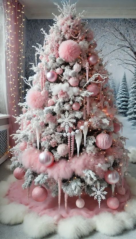 Fur Garland On Christmas Tree, Elegant Xmas Trees, Diy Victorian Christmas Decorations, Pink Xmas Tree, Pink Christmas Tree Decorations, Glam Christmas Tree, Elegant Christmas Tree Decorations, White Christmas Tree Decorations, Christmas Tree Inspo