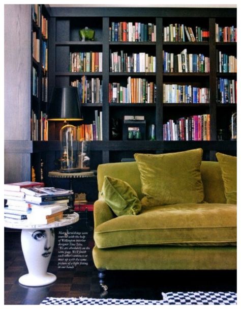 Monday Obsession: Green Velvet Sofas - Nomad Luxuries Dark Bookshelves, Black Bookcase, Green Couch, Black Shelves, Urban Farm, Green Velvet Sofa, Velvet Couch, Green Sofa, Apartment Life