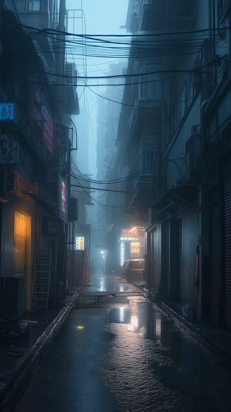 The Endless Alleyways and Small Roads of Hong Kong Industrial Aesthetic Wallpaper, Cyberpunk Dystopia Aesthetic, Futuristic Alleyway, Anime Alleyway Background, Alleyway Aesthetic, City Alleyway, Hong Kong Aesthetic, Anime Locations, City Reference