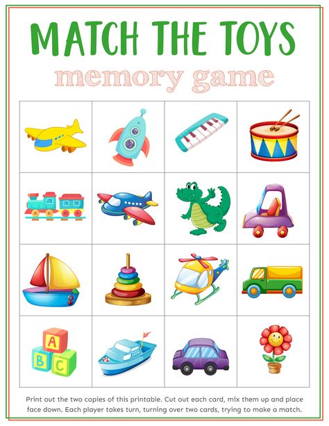 Kids will love these toys memory games where they get to match toys. They have tons of fun while learning and developing their concentration and thinking skills. Memory Game, Paper Games For Kids, Printable Toys, Memory Games For Kids, Game Download Free, Teaching Game, Kids Memories, Kindergarten Games, Games For Toddlers