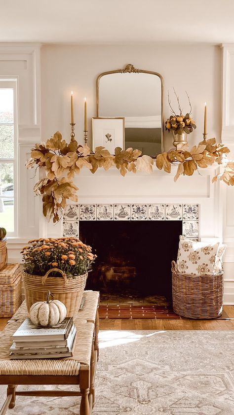 Happy Wednesday friends! Well, I couldn’t hold off any longer 🍁🍂 I started my fall decor, started here on my mantle and it’s simple and c… | Instagram Thanksgiving Farmhouse Fireplace, White Pumpkin Fireplace Mantel, Fall Wreath Above Mantle, Kitchen Sink Wreath, Wreaths Over Stove, Wreath Mirror Mantle, Mantel Wreath Stand, Corn Shuck Wreath, Harvest Wreath Kirkland’s Home