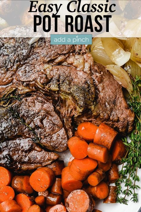 Classic Pot Roast is an easy comfort food that is an absolute favorite. A one pot meal made easy in the oven, slow cooker or Instant Pot! // addapinch.com #potroast #ovenroast #slowcooker #crockpotroast #instantpot #addapinch Pot Roast In Oven, Outside Round Roast, Pot Roast Vegetables, Roast In Oven, Cross Rib Roast, Classic Pot Roast, Best Pot Roast, Crockpot Roast, Roast Beef Recipes