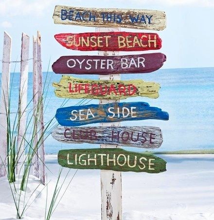 This is just so cute. Begs for a home at a cottage by the shore. Beach sign yard stake from RSH Catalog. Tropical Outdoor Decor, Deco Surf, Decor Marin, Driftwood Signs, Hantverk Diy, Beach Things, Backyard Beach, Seaside Decor, Beach Gardens