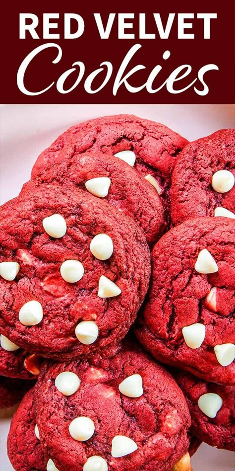 Red Velvet Cookies! Red velvet cake in cookie form—that's what you've got here with these Red Velvet Cookies! Cream cheese and white chocolate chips lend tanginess and sweetness to every bite. #redvelvet #cookies #simplyrecipes #baking Red Velvet Cookies Cream Cheese, Trio Sleepover, Redvelvet Cookies, Red Velvet Cake Mix Cookies, Cookies Cream Cheese, Cookies With White Chocolate Chips, Red Velvet Cookie Recipe, Valentine Food, Cookies With White Chocolate