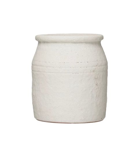 Mediterranean crock is hand crafted from terra cotta with a matte white lava stone finish. Mediterranean accent for the coastal or modern kitchen. Measures 7H x 6.25 diameter. Ideal for holding kitchen utensils. Textured Plaster, Utensil Crock, Outdoor Planter, Italian Villa, Creative Co Op, Decorative Pots, Utensil Holder, Terracotta Pots, Terra Cotta