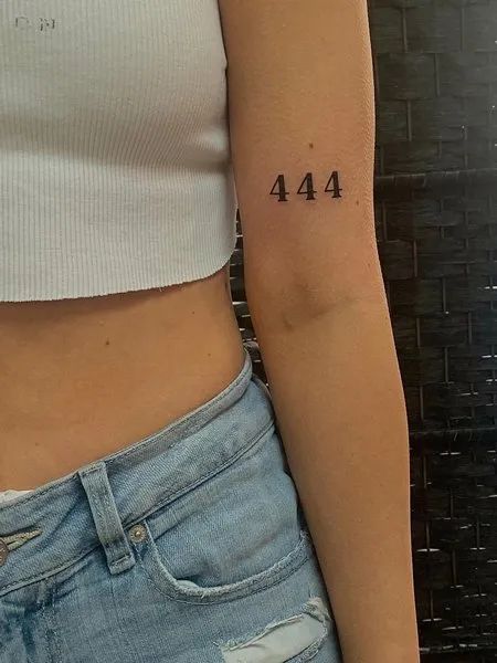 Arm 444 Tattoo 444 Heart Tattoo, Small Hand And Arm Tattoos For Women, 444 Collar Bone Tattoo, Number Tattoo For Men, 555 Arm Tattoo, Small 444 Tattoo Ideas, 444 Tattoo Ideas Red Ink, Bold Number Tattoo, 444 Wrist Tattoo Ideas