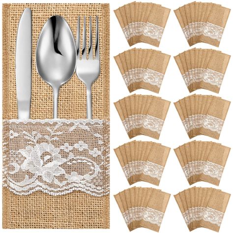 PRICES MAY VARY. Simple and Rustic: you will receive 100 pieces of burlap utensils pouches with white lace, farmhouse but practical, which a large quantity for you to use or replace in daily life or important occasions, like weddings, bridal showers, baby showers Appropriate Size: each burlap cutlery holder bag measures about 4.1 x 8.9 inches/ 10.5 x 22.5 cm in length and width, and the depth of the pouch is about 4.3 inches/ 11 cm, the right size for you to hold tableware, like forks, knives, s Rustic Cutlery, Rustic Dinner Tables, Wedding Silverware, Wedding Cutlery, Cutlery Pouch, Burlap Napkins, Bridal Shower Decorations Rustic, Wedding Lunch, Napkin Rings Diy