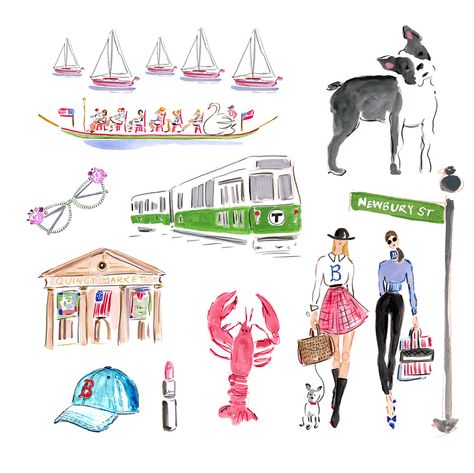 Postcard from Boston: I have kind of a complicated relationship with this town (long story) but it’s not without its allure! From the Seaport to the Back Bay to Harvard Square, Boston just oozes historic charm. 🦞⚾️ 🌉  Follow me on Instagram!! @bethbriggsillustration Boston Watercolor, Swan Boats, Boston Print, Quincy Market, Boston Art, Watercolor Clip Art, To My Friends, Fenway Park, Sophomore Year