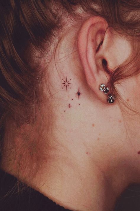 Tattoo Inspiration Star Tattoos Behind Ear, Tattoos Behind The Ear, Behind The Ear Tattoos, Hairline Tattoos, Sparkle Tattoo, Rocket Tattoo, Small Star Tattoos, Behind Ear Tattoos, Ear Tattoos