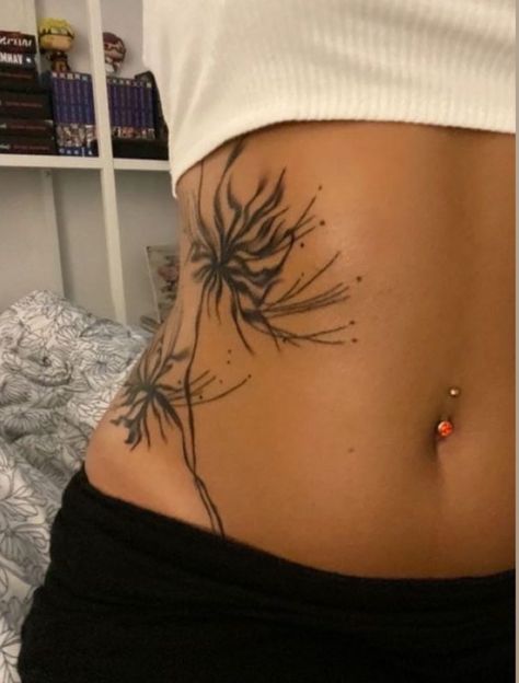 Belly Tattoo Black Women, Stomach Tattoo Black Women, Belly Scars Cover Up Tattoo, Fine Line Stomach Tattoo, Flower Stomach Tattoos, Melancholy Tattoo, Tattoo Inspo Women, Color Tattoos On Dark Skin, Flower Tattoo Placement