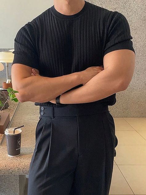 Black Casual Collar Short Sleeve Fabric Plain  Embellished Slight Stretch  Men Clothing Men Clothing Styles, Classy Outfits Men, Male Clothing, Cool Outfits For Men, Birthday Dinner, Man Fashion, Men's Clothes, Clothing Styles, Black Casual