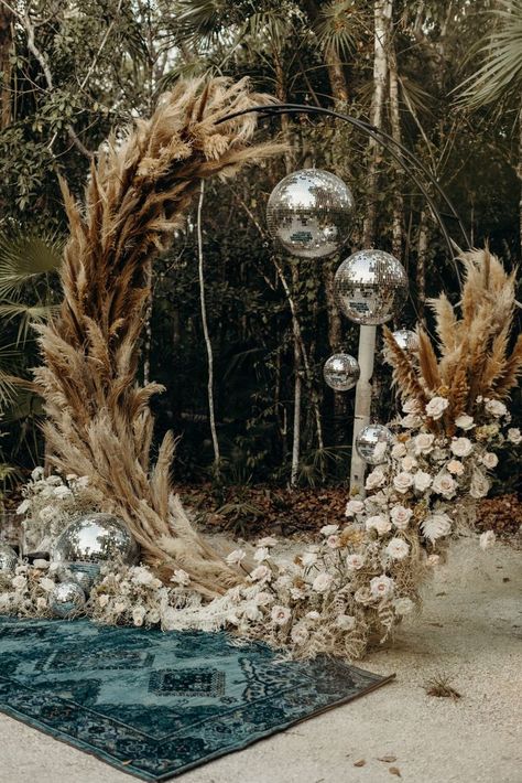 Winter Wedding Disco Balls, Pampas Floral Centerpiece, Boho Disco Decor, Western Disco Wedding, Jungle Disco, Best Wedding Decor, Wedding Disco, Disco Theme, Tulum Wedding