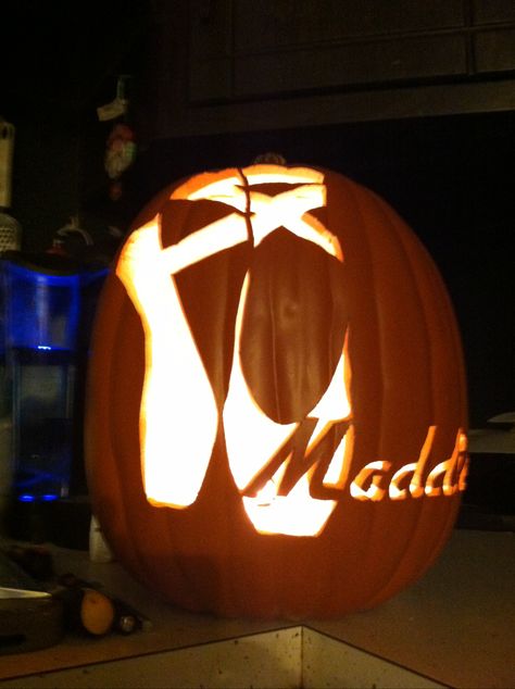 Maddie's Ballet slippers Dance Pumpkin Carving Ideas, Dance Pumpkin Ideas, Ballet Pumpkin Carving Ideas, Dancer Pumpkin Carving, Ballerina Pumpkin Carving, Ballerina Pumpkin, Carvings Designs, Pumpkin Dance, Halloween Pumpkins Carvings Designs