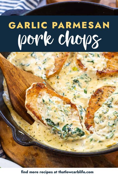 These creamy Garlic Parmesan Pork Chops are pan seared and covered in a rich, creamy sauce! Decadent, flavorful, and so simple to make in about 20 minutes! Garlic Parmesan Pork Chops, I Lost 100 Pounds, Parmesan Pork Chops, Keto Pork Chops, Pork Sauce, Healthier Sweets, Easy Pork Chop Recipes, Pork Chop Dinner, Fast Dinner