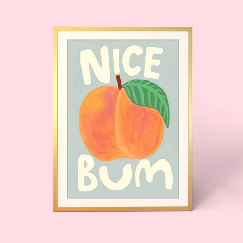 Nice Peachy Bum Print - A4 Peach Bathroom, Peach Illustration, Pastel Blue Background, Bathroom Prints, Bathroom Art, Bathroom Wall Art, Amazing Bathrooms, Pastel Blue, Blue Background