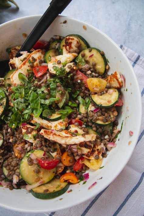 Recipe: Easy Summer Courgette, Lentil  Halloumi Salad - April Everyday Roasted Sweet Potato Slices, Halloumi Salad, Sweet Potato Skins, Sweet Potato Slices, Student Recipes, Eat Seasonal, Lentil Salad, Lentil Recipes, Healthy Eating Recipes