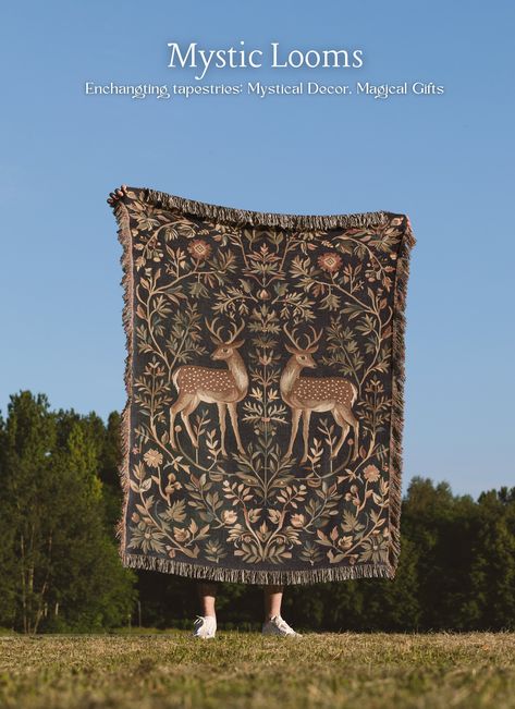 Deer Tapestry, Crowcore, Woven Wall Hanging Welcome and thank you for your interest in my art!  Explore six unique ways to display my mystical collection: Woven Blanket: Thick weaving and soft cotton yarn in three sizes, perfect as a cozy throw or tapestry. Sherpa Blanket: Hemmed edges and ultra-soft sherpa fleece, available in two sizes, ideal for warmth and comfort. Velveteen Blanket: Durable with double needle topstitching on all seams, in three sizes, combining style and sturdiness. Matte St Blanket Wall Decor, Deer Tapestry, Tapestries Aesthetic, Traditional Tapestry, Nature Blanket, Unique Throw Blankets, Woven Tapestry Wall Hangings, Forest Witch, House Redesign