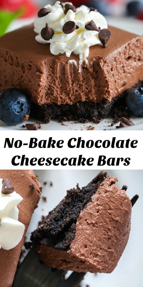 Easy No Bake Chocolate Cheesecake, Chocolate Cheesecake Bars, Dream Dessert, No Bake Chocolate Cheesecake, Oreo Cookie Crust, Chocolate Cheesecake Recipes, Fitness Humor, Cheesecake Brownies, Easy No Bake