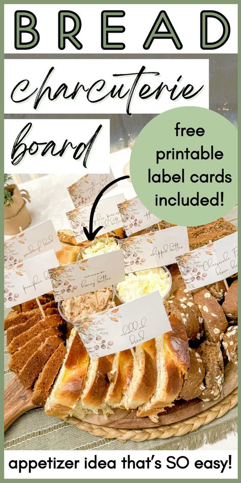 If you need an easy appetizer idea, try a bread charcuterie board! A mix of breads and spread - no baking required if you don't want to! Free printable label cards included! A bread board is great for a last-minute appetizer, perfect for Christmas, brunch, Easter, girls' night - any occasion! Everyone loves bread! This party appetizer is a sure crowdpleaser! Spreads For Bread Appetizers, Breads And Spreads Board, Charcuterie Bread Board, Sourdough Bread Charcuterie Board, Bread For Charcuterie Board, Bread Charcuterie Board Ideas, Bread And Butter Board Ideas, Bread Board Ideas, Bread Board Appetizer