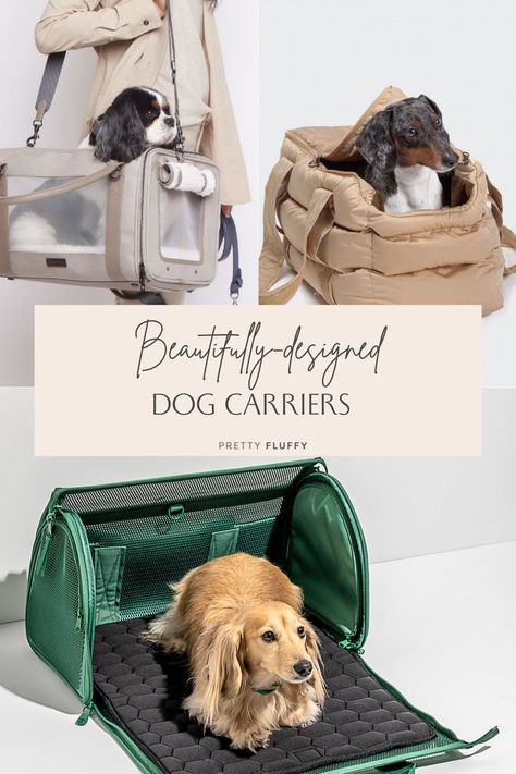 Travel together with these, stylish, modular travel carriers. #dogcarrier #dogcarriers #modernpet #moderndog Dog Bag Essentials, Pet Moodboard, Dog Travel Essentials, Puppy Travel Bag, Dog Carrying Bag, Luxury Dog Carrier, Dog Brands, Dog Travel Carrier, Accessories Tips