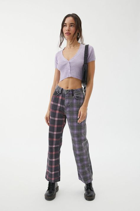 The Ragged Priest Mixed Plaid Dad Jean | Urban Outfitters Dark Wash Patchwork Mid-rise Bottoms, Urban Full-length Jeans With Patch Pockets, The Ragged Priest Jeans, Urban Outfitters Plaid Pants, Plaid Jeans, The Ragged Priest, Ragged Priest, Dad Jeans, Trendy Skirts