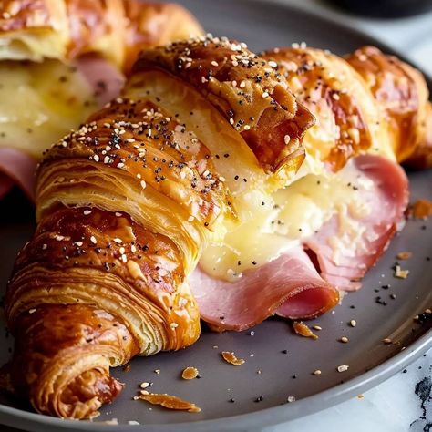 Ham and Cheese Croissant - Insanely Good Croissant Breakfast Sandwiches, Ham And Cheese Croissants, Garden Breakfast, Savory Ham, Ham And Cheese Croissant, Honey Mustard Glaze, Cheese Croissant, Croissant Recipe, Brunch Food