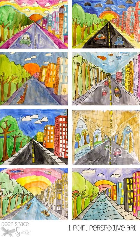 Struggling with teaching one-point perspective? This drawing lesson is super easy and offers lots of opportunity for your students to be creative and expressive. Arte Jazz, Classe D'art, 6th Grade Art, 4th Grade Art, 5th Grade Art, 3rd Grade Art, Art Night, Art Lessons For Kids, Perspective Art