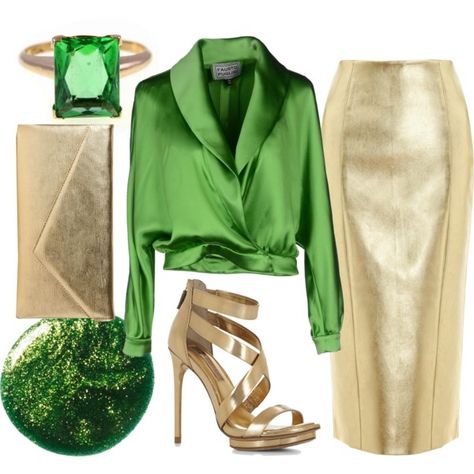 "Green & Gold" by leslie-ann-reyes on Polyvore Green And Gold Outfits For Women, Green And Gold Outfit, Gold Outfits, Diva Style, Royal Green, Gold Outfit, Colour Blocking, Dress For Success, Colour Block