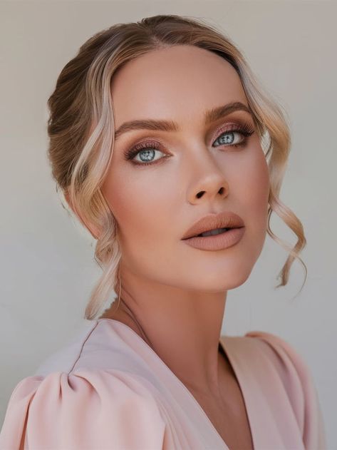 This bridal look showcases a soft, romantic feel with subtle nude lips and natural eyeshadow. The blush tones on the cheeks and lightly curled hair create an effortless yet elegant appearance, perfect for a timeless wedding style. Makeup Looks For Brides, Makeup Ideas For Brown Eyes, Bridal Eye Makeup, Natural Eyeshadow, Nude Lips, Bold Red Lips, Wedding Makeup Looks, Blush Tones, Breathtaking Wedding