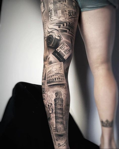 Travel Tattoo Leg Sleeve, 7 Wonders Tattoo, Travel Arm Tattoo, News Paper Tattoo, Germany Tattoo Ideas, Comic Tattoo Ideas, Photographer Tattoo Ideas, Travel Tattoo Sleeve, Women Leg Tattoos