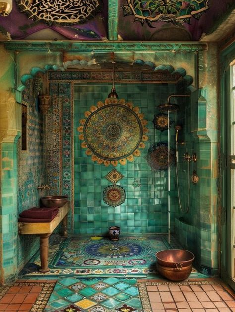 Mosaic Tile Bathroom Wall Shower Designs, Teal Boho Bathroom, Mosaic Bathroom Floor Tile Ideas, Whimsigoth Bathroom Decor, Teal Tile Bathroom, Exotic Bathrooms, Mosaic Interior Design, Seashell House, Mosaic Tile Bathroom