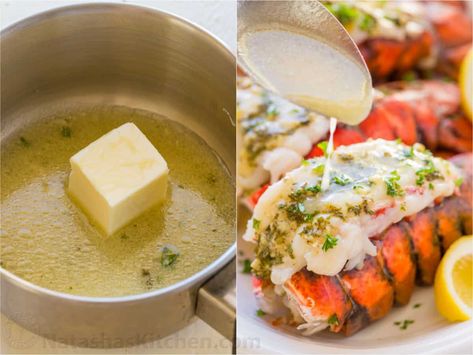 Lobster Tails Recipe with Garlic Lemon Butter - NatashasKitchen.com Butter For Lobster, Easy Lobster Tail Recipe, Broiled Lobster Tails, Cook Lobster Tails, Fried Lobster Tail, Cook Lobster, Broil Lobster Tail, Butter Poached Lobster, Recipe With Garlic