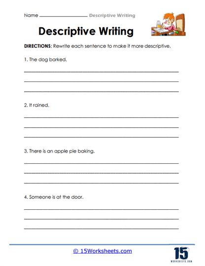 Descriptive Writing #8 Worksheet - 15 Worksheets.com Descriptive Writing Worksheet, Descriptive Writing Activities, Creative Writing Worksheets, Descriptive Text, 2023 School, Cleaning Schedules, Pie Baking, Writing Practice Worksheets, English Teaching Materials