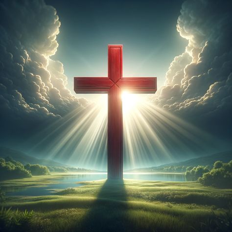 A highly detailed and realistic image of a red cross, symbolizing Christianity, set against a serene background to evoke a sense of peace and meditation. This image should capture the essence of faith and reflection, with the cross standing prominently in the foreground, illuminated by a soft, heavenly light. The background could feature a tranquil landscape, perhaps a lush, green meadow or a... Picture Of Cross, Cross Images, The Cross, Jesus Cross, Jesus Cross Wallpaper, Jesus Background, Cross Symbol, Cross Pictures, Cross Wallpaper