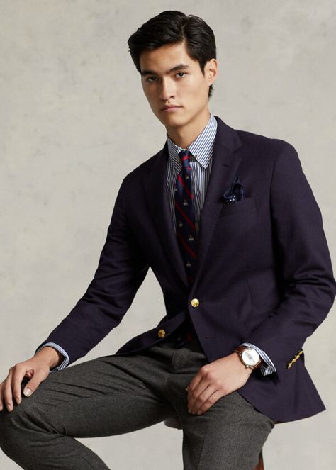 Blue Blazer Outfit, Ralph Lauren Looks, Smart Casual Office, Minimalist Sneakers, Blazer Men, Cotton Blazer, Navy Blazer, Twill Pants, Blazer Outfits