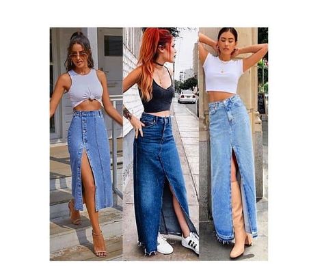 32 outfits in 2022: What to wear with a long denim skirt? Split Jean Skirt Outfit, Denim Maxi Skirt Outfits, Maxi Demin Skirt, Denim Maxi Skirt Outfit Summer, Long Jean Skirt Outfits Summer, Denim Skirt And Sneakers Outfit, Maxi Jean Skirt Outfits, Long Denim Skirt Outfit Summer, Skirt Outfits For Summer